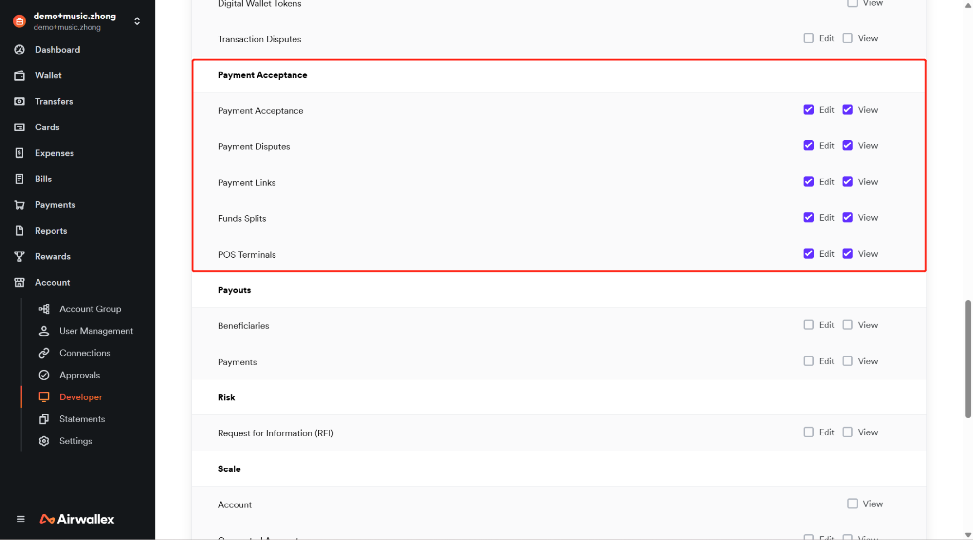 Select the Payment Acceptance access scope