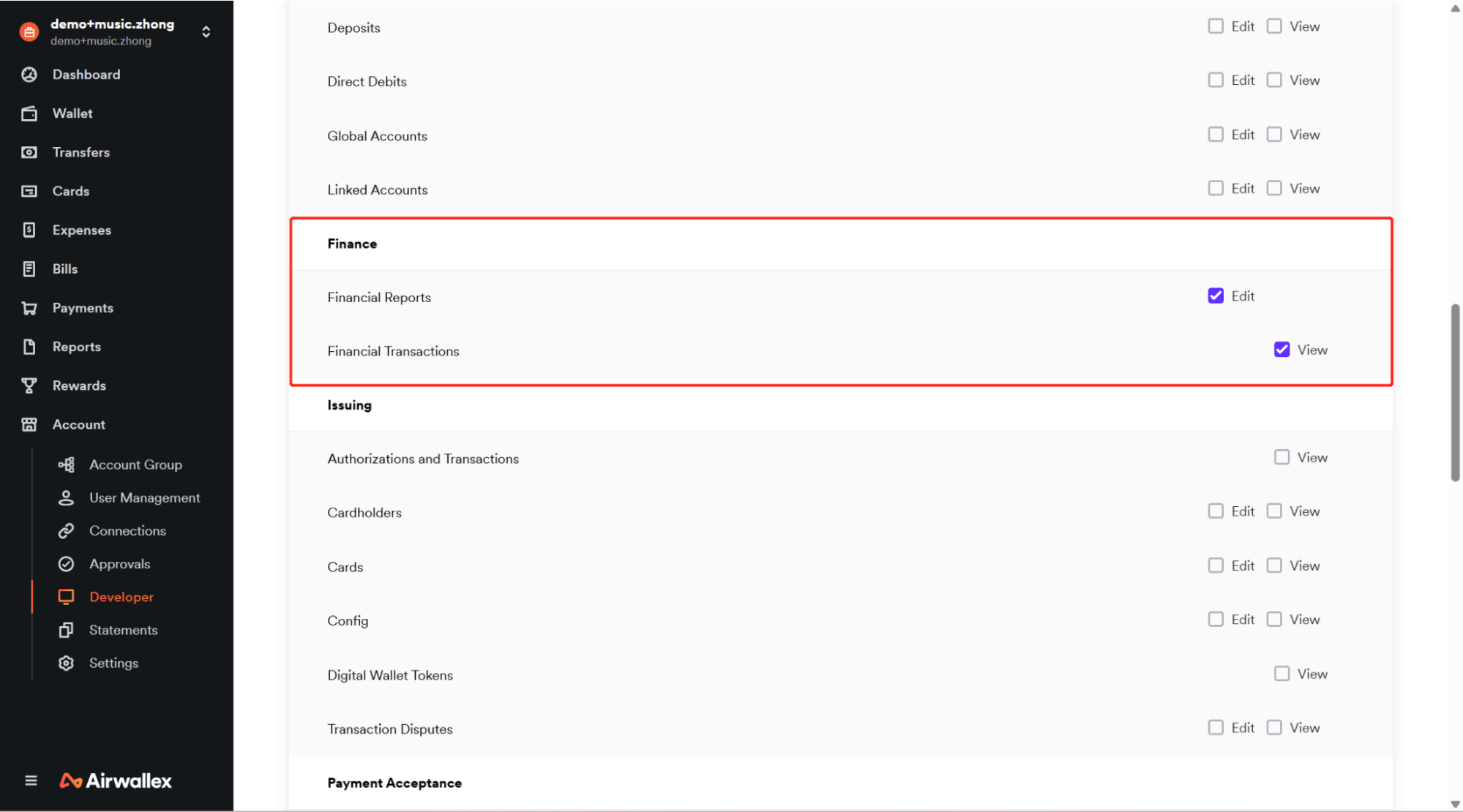 Select the Finance access scope