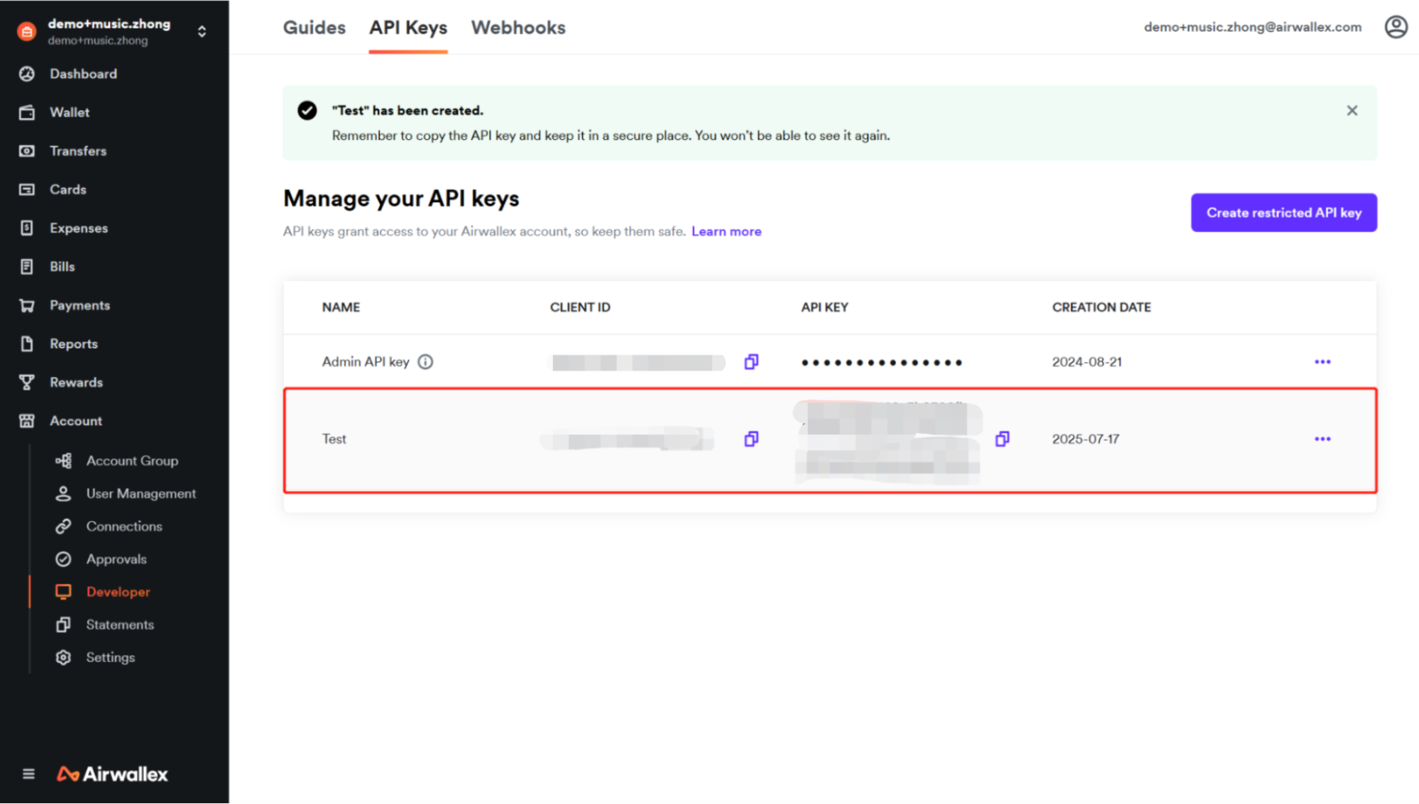 Copy the scoped API key you created