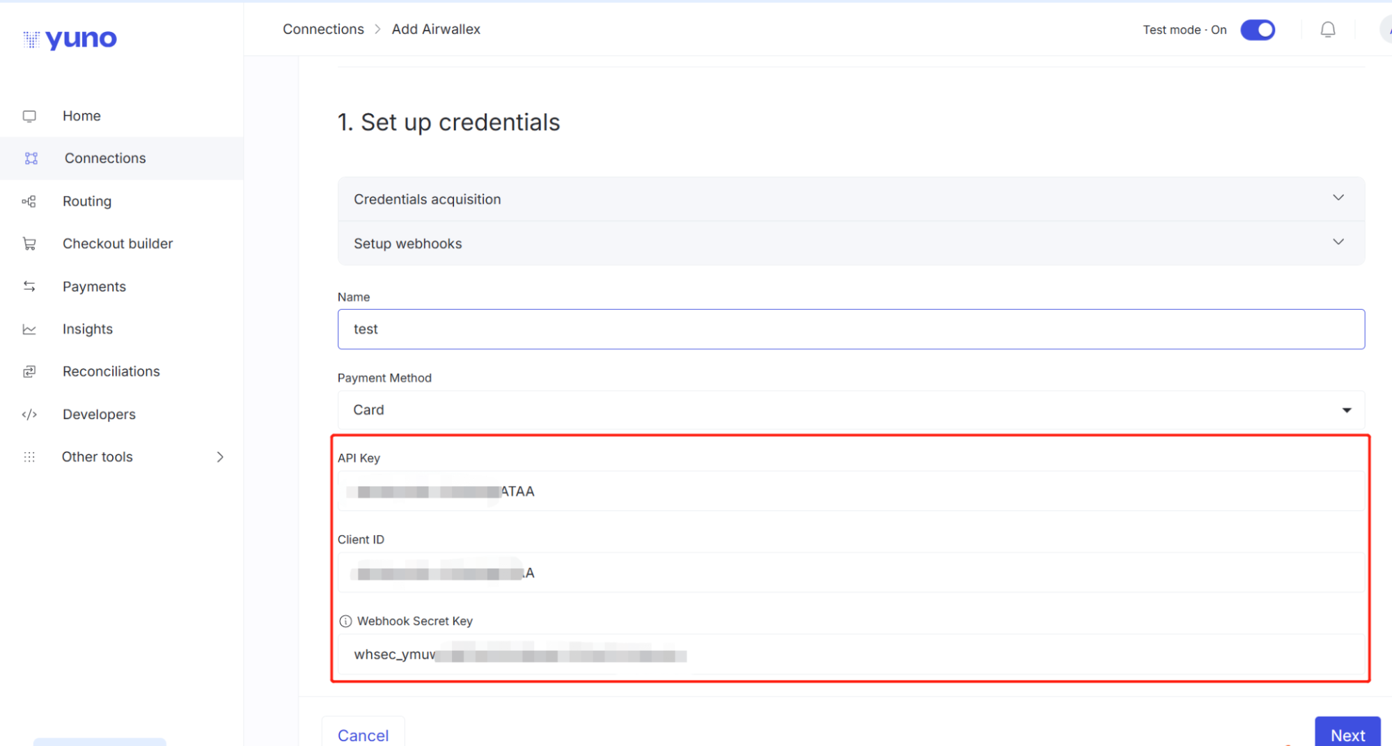 Paste the API key, Client ID, and webhook secret key in Yuno