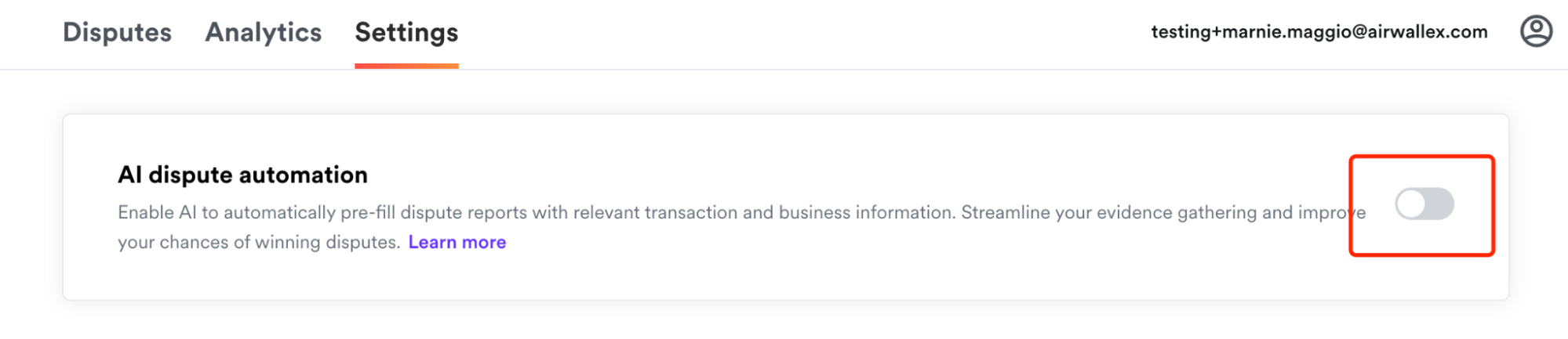 Settings page toggle for AI dispute automation