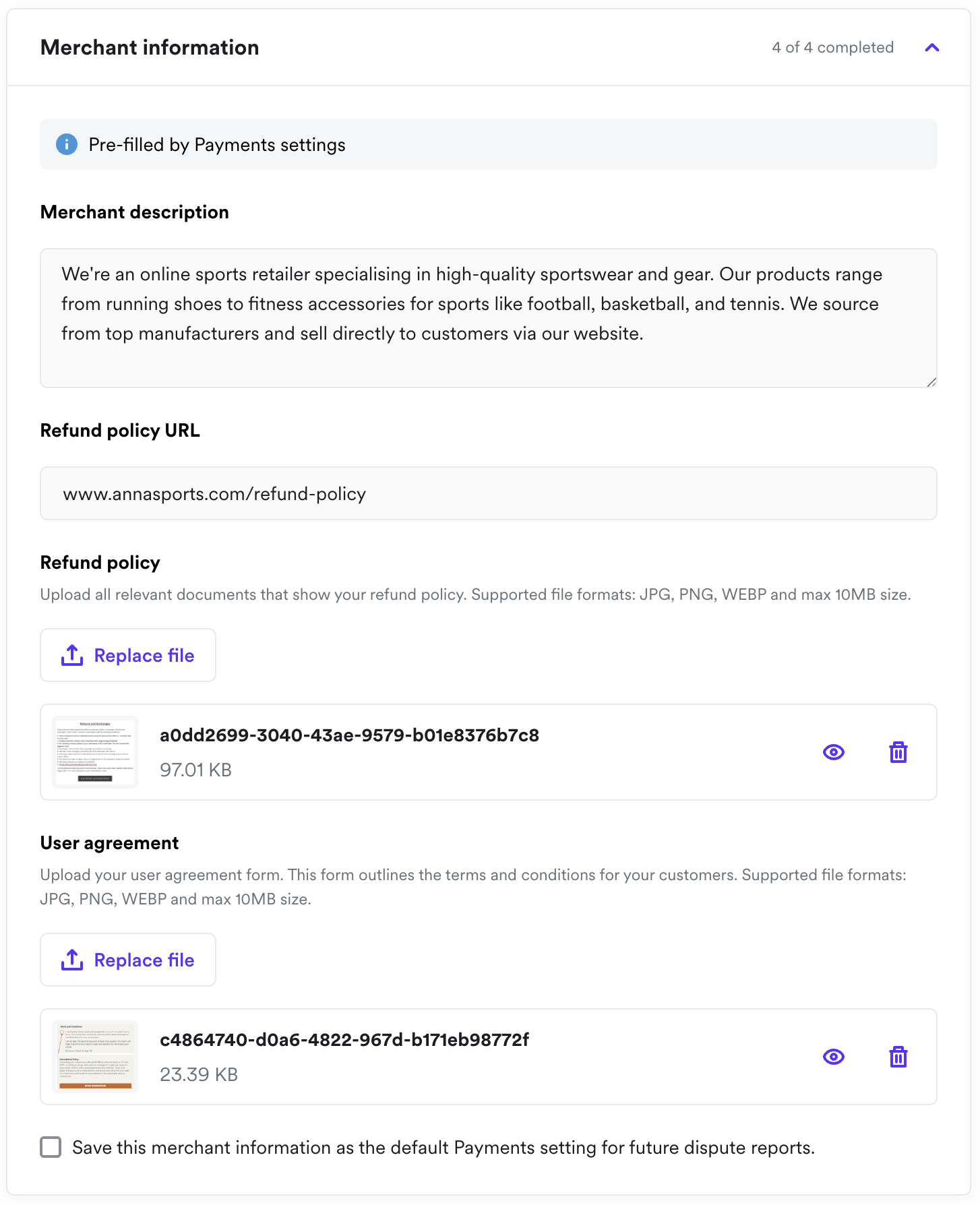 Merchant information form additional fields