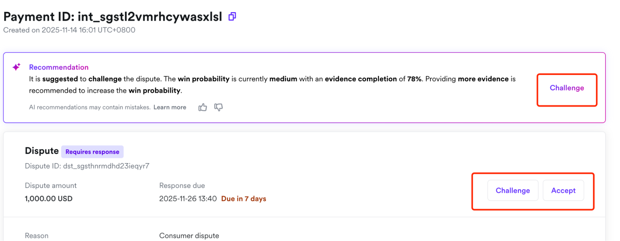 Dynamic action buttons on dispute detail page