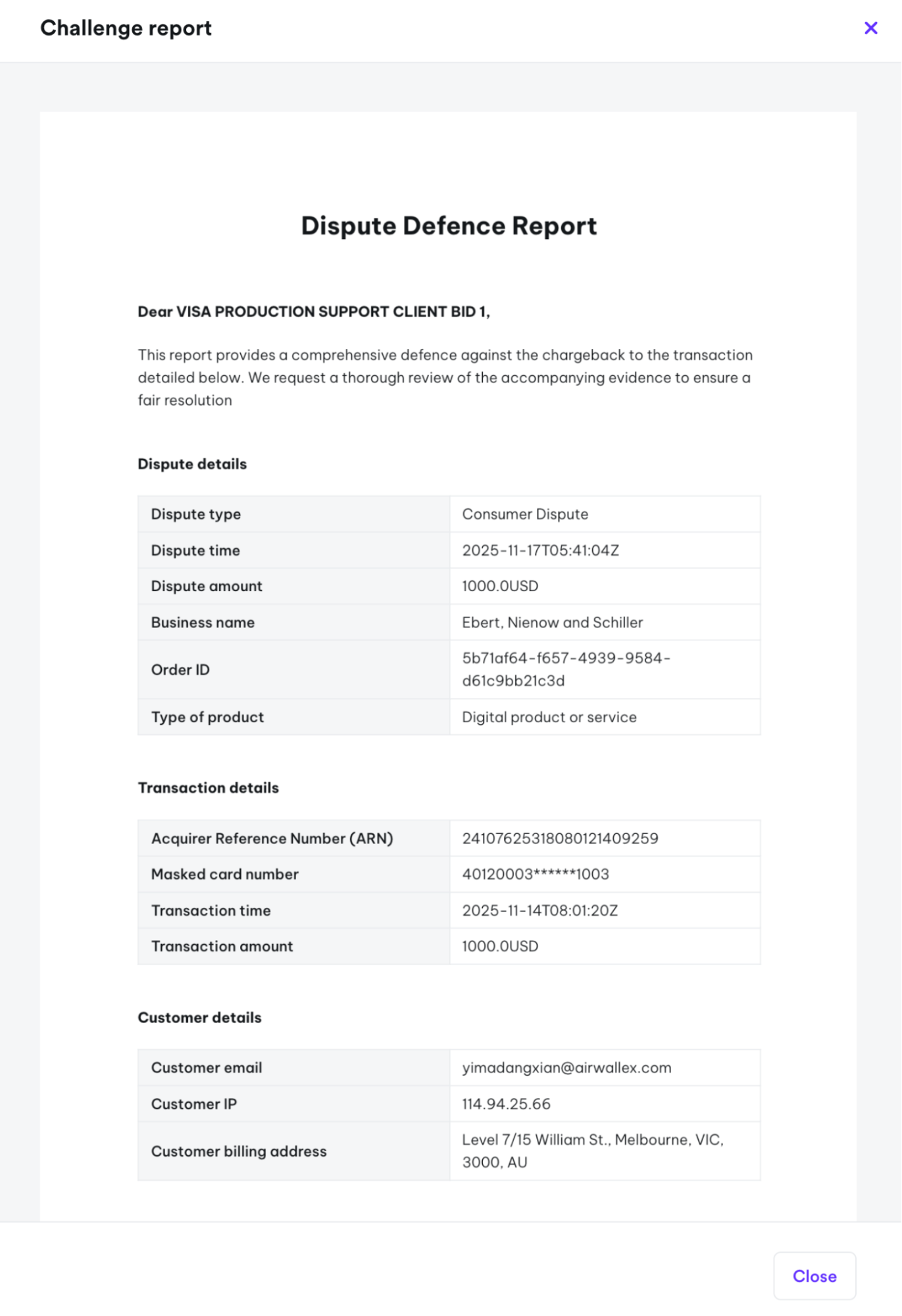 PDF preview of dispute defense report