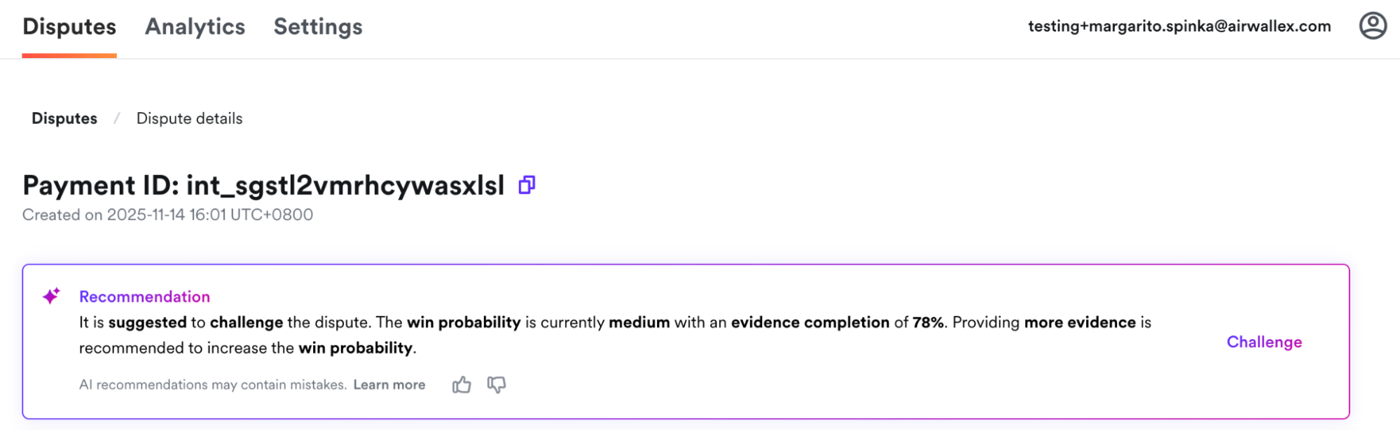 AI suggestion banner on dispute detail page