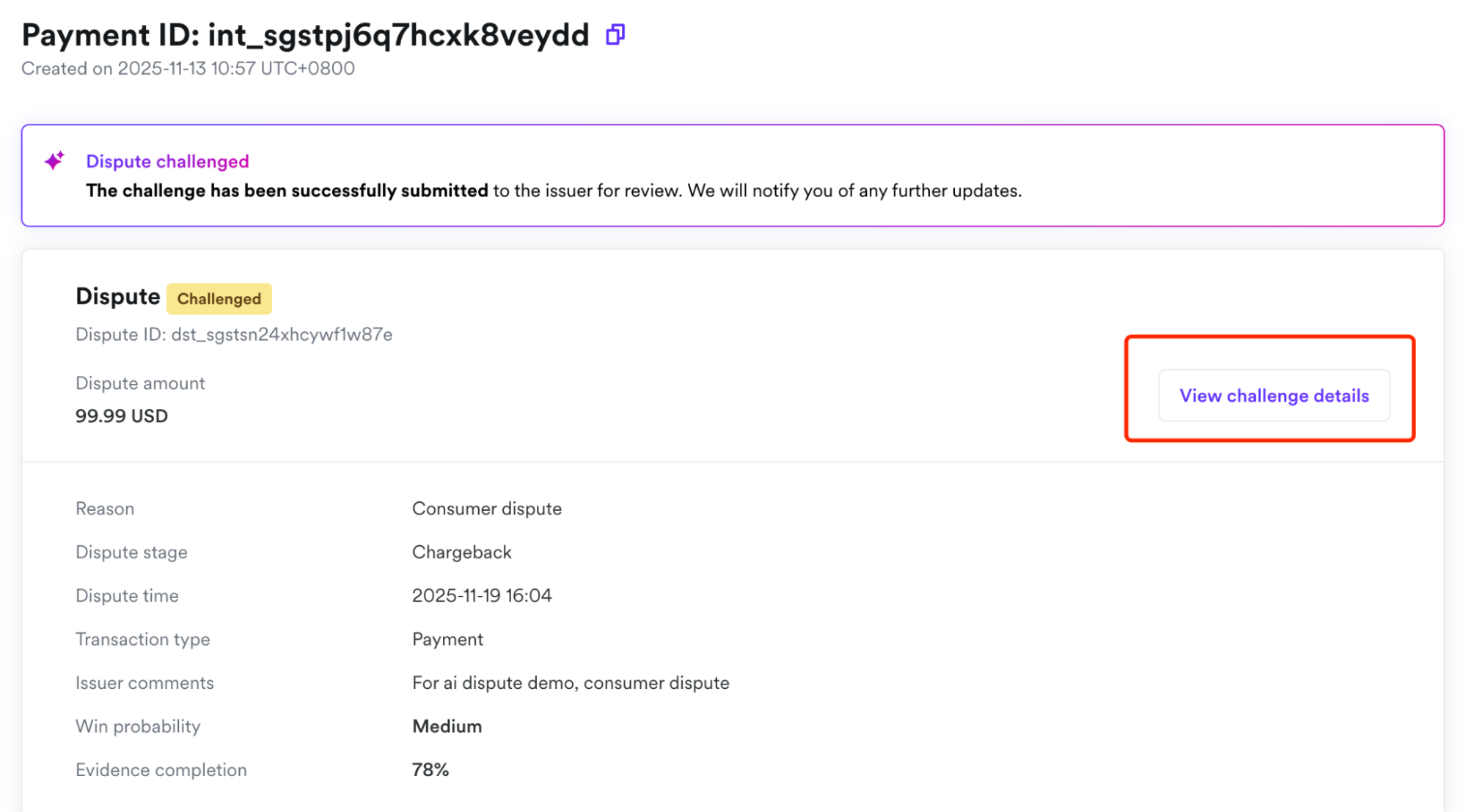 Audit log showing challenged status
