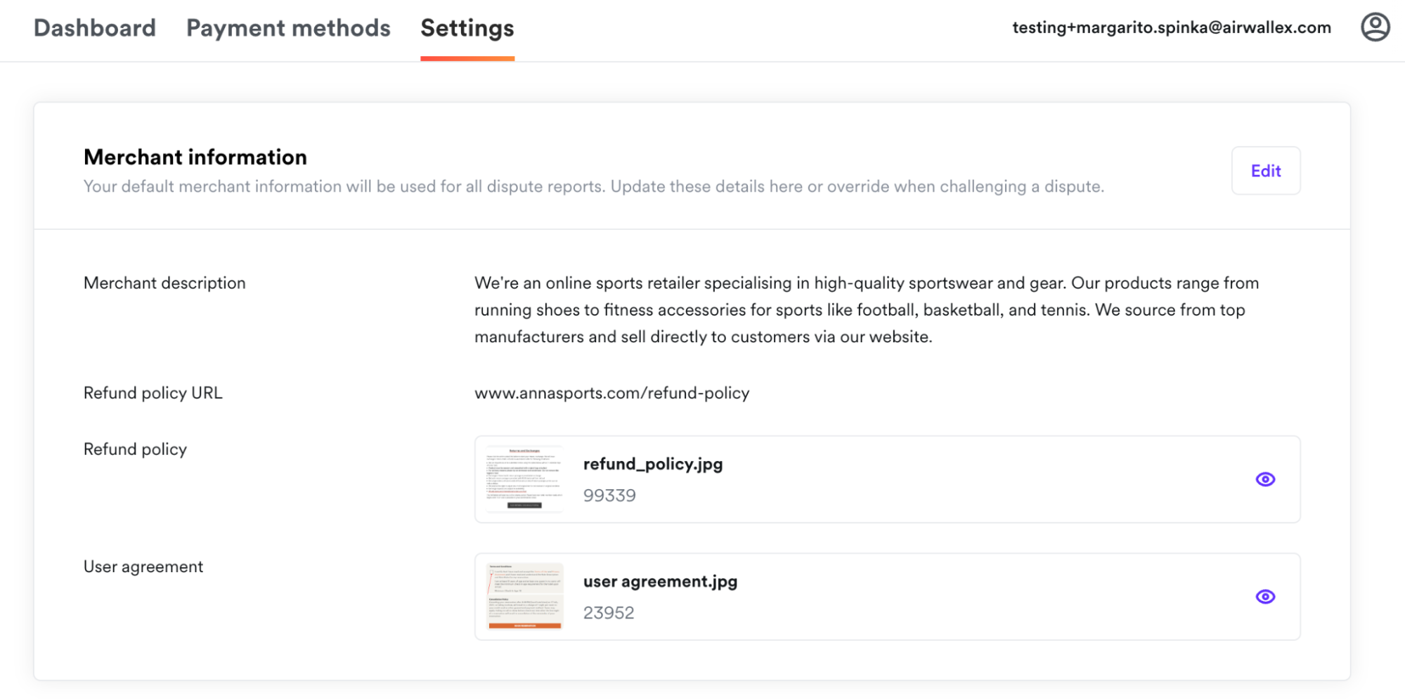 Settings page for merchant information management